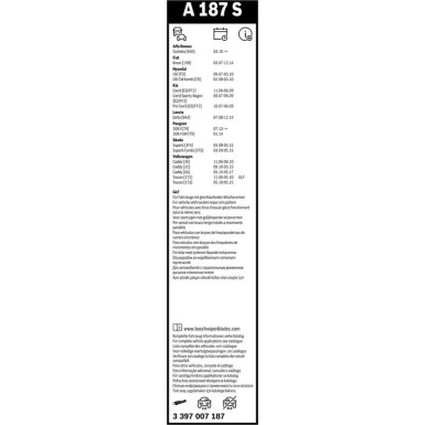 Wischblatt BOSCH Scheibenwischer Vorne + Hinten A 187 S + H 283