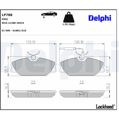 Delphi Bremsbelagsatz, Scheibenbremse LP788 Delphi Bremsbelagsatz, Scheibenbremse LP788