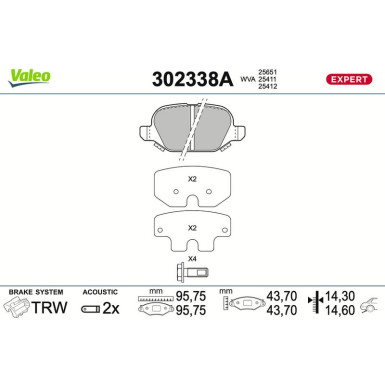 Valeo Bremsbelagsatz, Scheibenbremse EXPERT 302338A Valeo Bremsbelagsatz, Scheibenbremse EXPERT 302338A