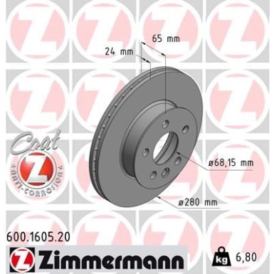 Zimmermann Bremsscheibe Coat Z 600.1605.20 Zimmermann Bremsscheibe Coat Z 600.1605.20