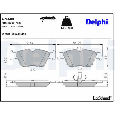 Delphi Bremsbelagsatz, Scheibenbremse LP1588 Delphi Bremsbelagsatz, Scheibenbremse LP1588