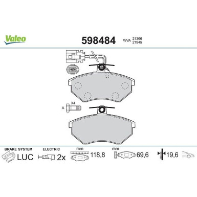 Valeo Bremsbelagsatz, Scheibenbremse 598484