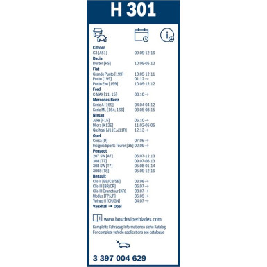 BOSCH H 301 Scheibenwischer Rear 3 397 004 629