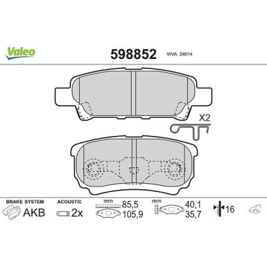 Valeo Bremsbelagsatz, Scheibenbremse 598852 Valeo Bremsbelagsatz, Scheibenbremse 598852