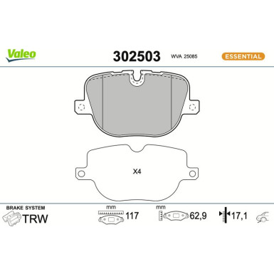 Valeo Bremsbelagsatz, Scheibenbremse ESSENTIAL 302503 Valeo Bremsbelagsatz, Scheibenbremse ESSENTIAL 302503