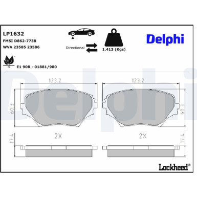 Delphi Bremsbelagsatz, Scheibenbremse LP1632 Delphi Bremsbelagsatz, Scheibenbremse LP1632