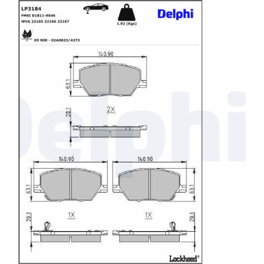 Delphi Bremsbelagsatz, Scheibenbremse LP3184 Delphi Bremsbelagsatz, Scheibenbremse LP3184