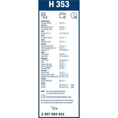 BOSCH H 353 Scheibenwischer Rear 3 397 004 631 BOSCH H 353 Scheibenwischer Rear 3 397 004 631