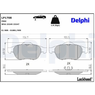 Delphi Bremsbelagsatz, Scheibenbremse LP1708 Delphi Bremsbelagsatz, Scheibenbremse LP1708