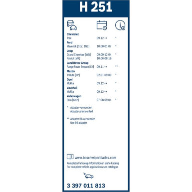 BOSCH H 251 Scheibenwischer Rear 3 397 011 813 BOSCH H 251 Scheibenwischer Rear 3 397 011 813