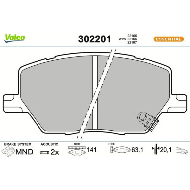 Valeo Bremsbelagsatz, Scheibenbremse ESSENTIAL 302201 Valeo Bremsbelagsatz, Scheibenbremse ESSENTIAL 302201
