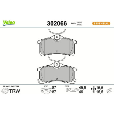 Valeo Bremsbelagsatz, Scheibenbremse ESSENTIAL 302066 Valeo Bremsbelagsatz, Scheibenbremse ESSENTIAL 302066