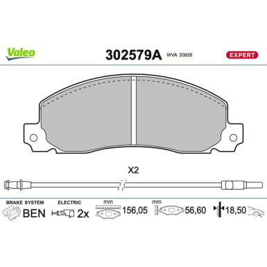 Valeo Bremsbelagsatz, Scheibenbremse EXPERT 302579A Valeo Bremsbelagsatz, Scheibenbremse EXPERT 302579A