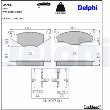 Delphi Bremsbelagsatz, Scheibenbremse LP756 Delphi Bremsbelagsatz, Scheibenbremse LP756