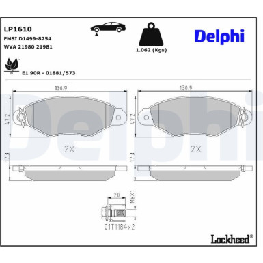 Delphi Bremsbelagsatz, Scheibenbremse LP1610 Delphi Bremsbelagsatz, Scheibenbremse LP1610