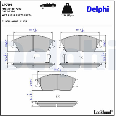 Delphi Bremsbelagsatz, Scheibenbremse LP704 Delphi Bremsbelagsatz, Scheibenbremse LP704