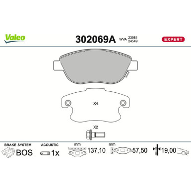 Valeo Bremsbelagsatz, Scheibenbremse EXPERT 302069A Valeo Bremsbelagsatz, Scheibenbremse EXPERT 302069A