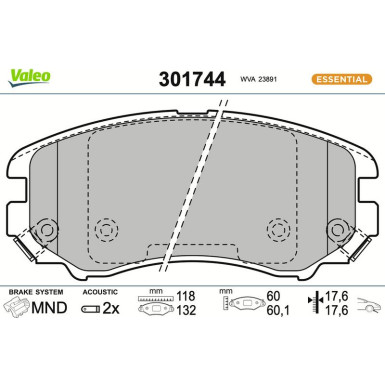 Valeo Bremsbelagsatz, Scheibenbremse ESSENTIAL 301744 Valeo Bremsbelagsatz, Scheibenbremse ESSENTIAL 301744