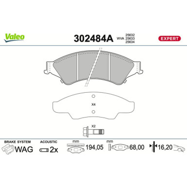 Valeo Bremsbelagsatz, Scheibenbremse EXPERT 302484A Valeo Bremsbelagsatz, Scheibenbremse EXPERT 302484A