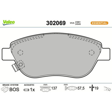 Valeo Bremsbelagsatz, Scheibenbremse ESSENTIAL 302069 Valeo Bremsbelagsatz, Scheibenbremse ESSENTIAL 302069