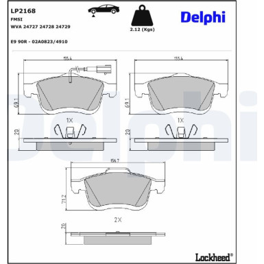Delphi Bremsbelagsatz, Scheibenbremse LP2168 Delphi Bremsbelagsatz, Scheibenbremse LP2168