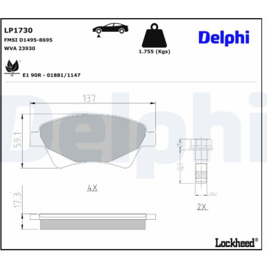 Delphi Bremsbelagsatz, Scheibenbremse LP1730 Delphi Bremsbelagsatz, Scheibenbremse LP1730