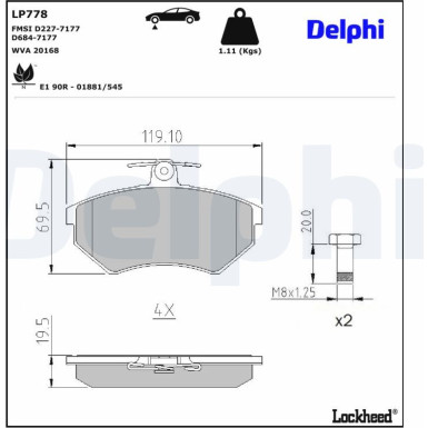 Delphi Bremsbelagsatz, Scheibenbremse LP778 Delphi Bremsbelagsatz, Scheibenbremse LP778
