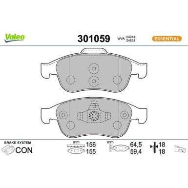Valeo Bremsbelagsatz, Scheibenbremse ESSENTIAL 301059