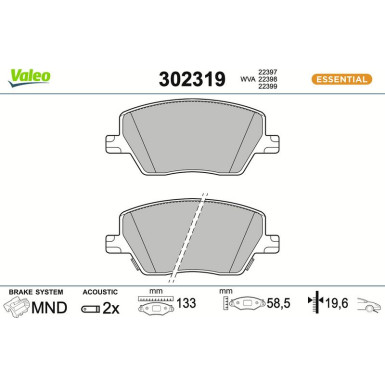 Valeo Bremsbelagsatz, Scheibenbremse ESSENTIAL 302319 Valeo Bremsbelagsatz, Scheibenbremse ESSENTIAL 302319