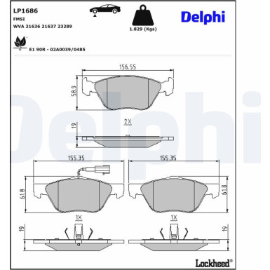 Delphi Bremsbelagsatz, Scheibenbremse LP1686 Delphi Bremsbelagsatz, Scheibenbremse LP1686