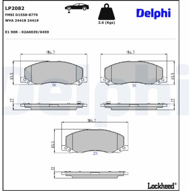 Delphi Bremsbelagsatz, Scheibenbremse LP2082 Delphi Bremsbelagsatz, Scheibenbremse LP2082