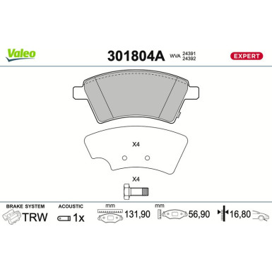 Valeo Bremsbelagsatz, Scheibenbremse EXPERT 301804A