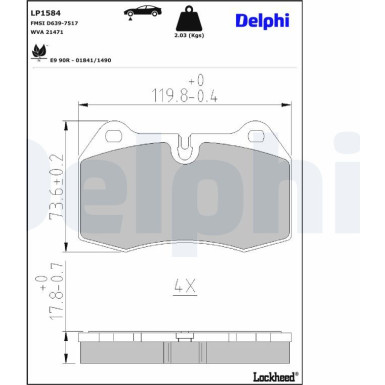 Delphi Bremsbelagsatz, Scheibenbremse LP1584 Delphi Bremsbelagsatz, Scheibenbremse LP1584