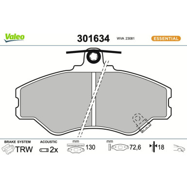 Valeo Bremsbelagsatz, Scheibenbremse ESSENTIAL 301634