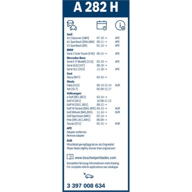 Scheibenwischer BOSCH Aerotwin A 979 S + A282H für VW GOLF VI 5K1 Vorne + Hinten (3 397 118 979 + 3 397 008 634)