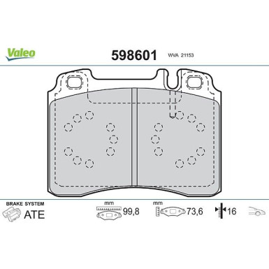 Valeo Bremsbelagsatz, Scheibenbremse 598601 Valeo Bremsbelagsatz, Scheibenbremse 598601