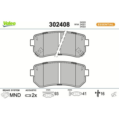 Valeo Bremsbelagsatz, Scheibenbremse ESSENTIAL 302408 Valeo Bremsbelagsatz, Scheibenbremse ESSENTIAL 302408