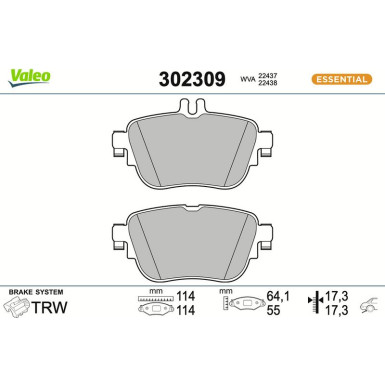 Valeo Bremsbelagsatz, Scheibenbremse ESSENTIAL 302309 Valeo Bremsbelagsatz, Scheibenbremse ESSENTIAL 302309