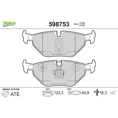 Valeo Bremsbelagsatz, Scheibenbremse 598753 Valeo Bremsbelagsatz, Scheibenbremse 598753