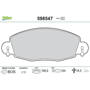 Valeo Bremsbelagsatz, Scheibenbremse 598547 Valeo Bremsbelagsatz, Scheibenbremse 598547