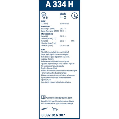 BOSCH A 334 H Scheibenwischer Rear Aerotwin 3 397 016 387