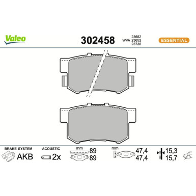 Valeo Bremsbelagsatz, Scheibenbremse ESSENTIAL 302458 Valeo Bremsbelagsatz, Scheibenbremse ESSENTIAL 302458