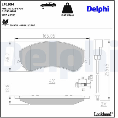 Delphi Bremsbelagsatz, Scheibenbremse LP1954 Delphi Bremsbelagsatz, Scheibenbremse LP1954