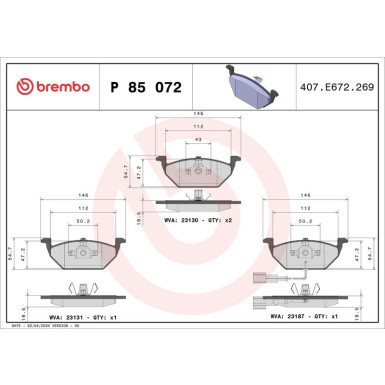 Brembo Bremsbelagsatz, Scheibenbremse XTRA LINE P 85 072X Brembo Bremsbelagsatz, Scheibenbremse XTRA LINE P 85 072X