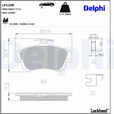 Delphi Bremsbelagsatz, Scheibenbremse LP1398 Delphi Bremsbelagsatz, Scheibenbremse LP1398