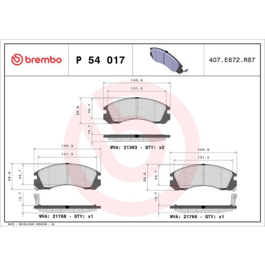 Brembo Bremsbelagsatz, Scheibenbremse PRIME LINE P 54 017 Brembo Bremsbelagsatz, Scheibenbremse PRIME LINE P 54 017