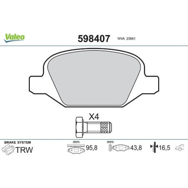 Valeo Bremsbelagsatz, Scheibenbremse 598407 Valeo Bremsbelagsatz, Scheibenbremse 598407