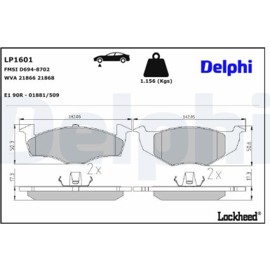 Delphi Bremsbelagsatz, Scheibenbremse LP1601 Delphi Bremsbelagsatz, Scheibenbremse LP1601