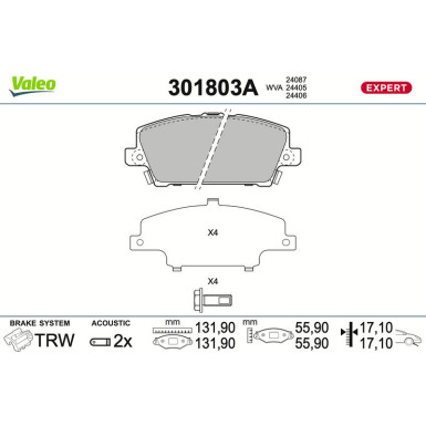 Valeo Bremsbelagsatz, Scheibenbremse EXPERT 301803A Valeo Bremsbelagsatz, Scheibenbremse EXPERT 301803A