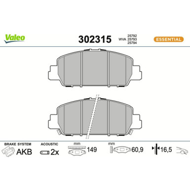 Valeo Bremsbelagsatz, Scheibenbremse ESSENTIAL 302315